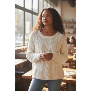 SO‎ Heritage Cream Cable Knit Sweater Women Size L Long Sleeve Crew Neck Casual
